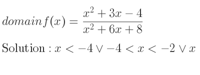 The domain of f(x)=(x^2+3x-4)/(x^2+6x+8) is x<-4\lor-4<x<-2\lor x>-2